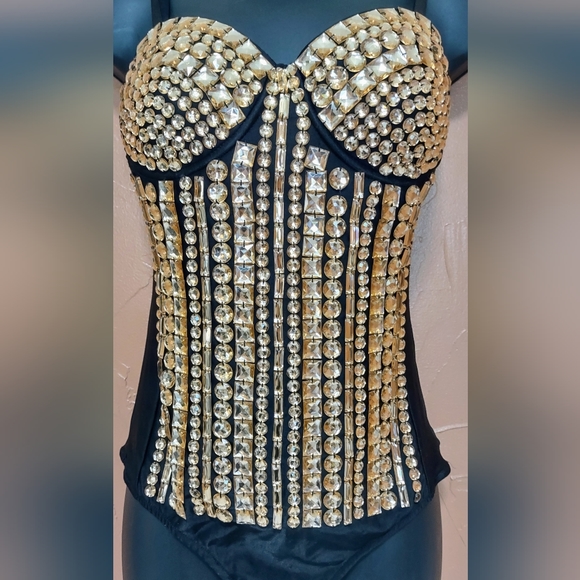 Lydia USA black corset bodysuit with gold bead embelishments. - Picture 8 of 8